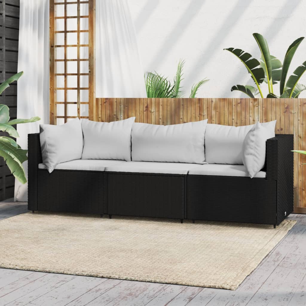 vidaXL 3 Piece Patio Lounge Set with Cushions Black Poly Rattan