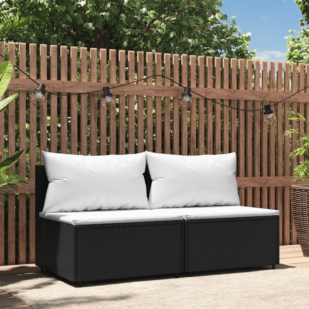 vidaXL Patio Middle Sofas with Cushions 2 pcs Black Poly Rattan