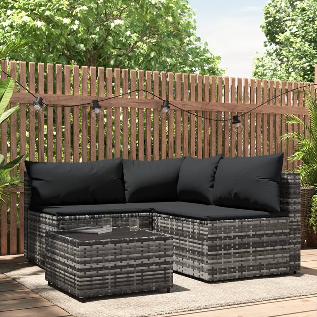 vidaXL 4 Piece Patio Lounge Set with Cushions Gray Poly Rattan