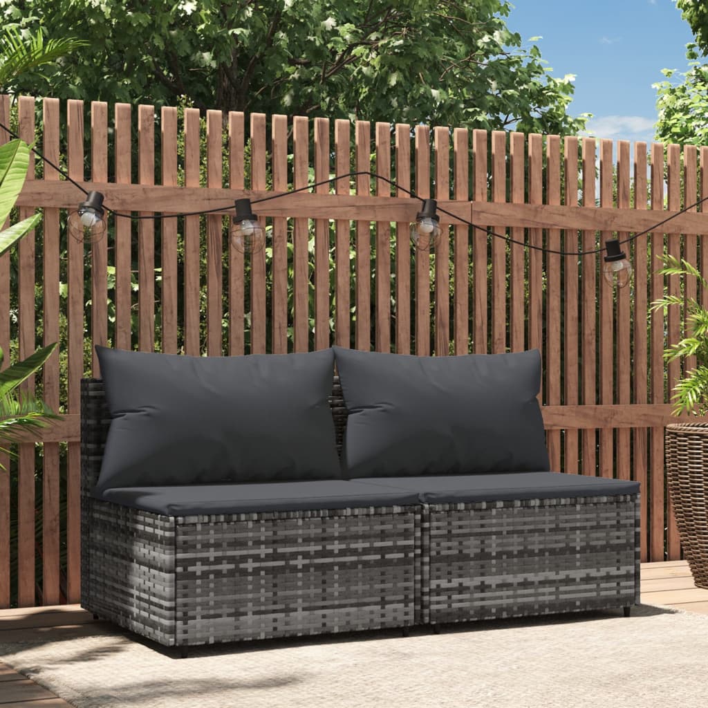 vidaXL Patio Middle Sofas with Cushions 2 pcs Gray Poly Rattan