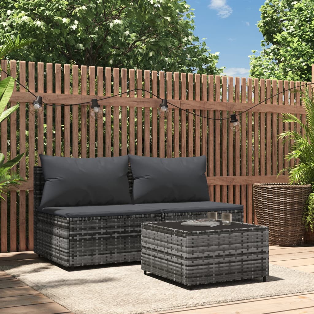 vidaXL 3 Piece Patio Lounge Set with Cushions Gray Poly Rattan