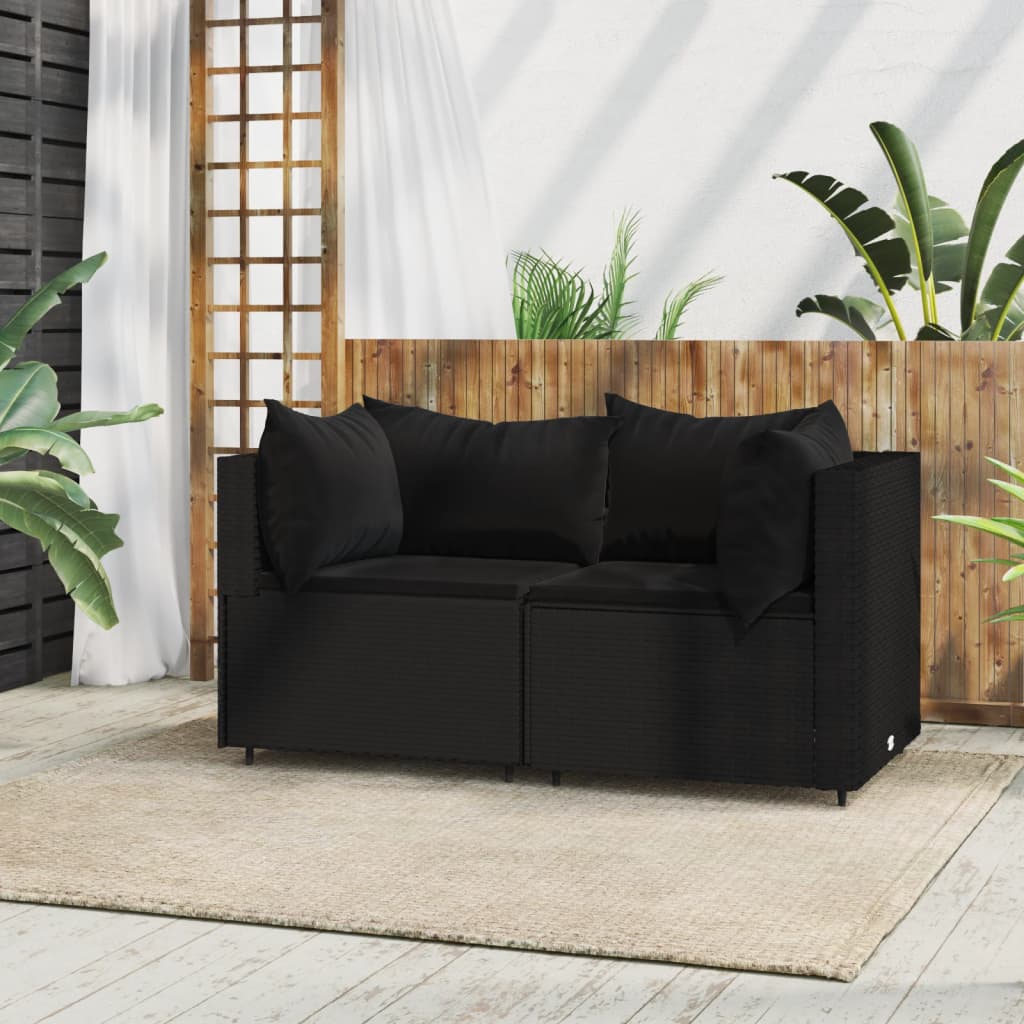 vidaXL Patio Corner Sofas with Cushions 2 pcs Black Poly Rattan