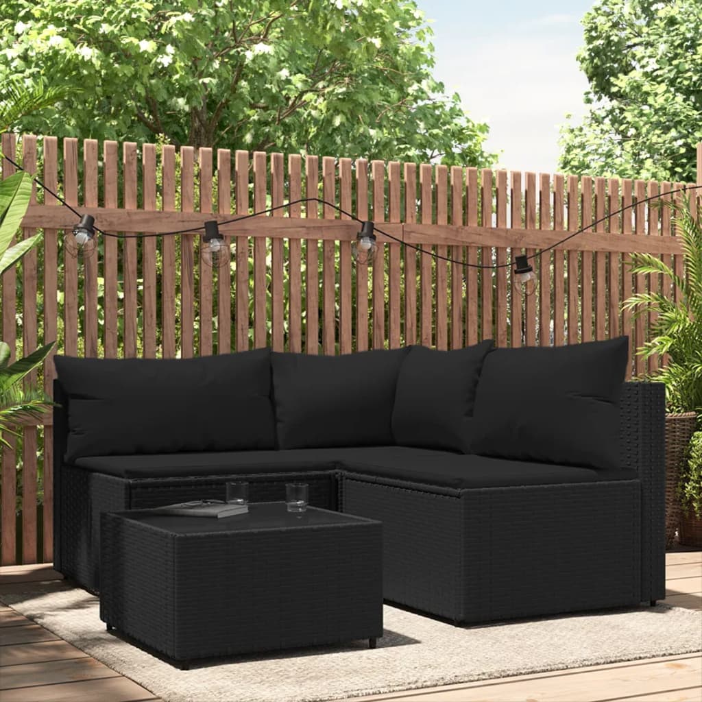 vidaXL 4 Piece Patio Lounge Set with Cushions Black Poly Rattan