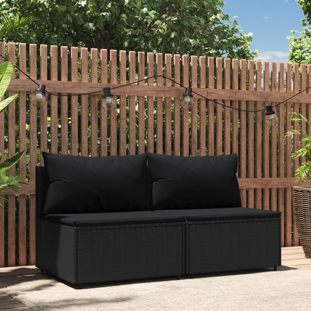 vidaXL Patio Middle Sofas with Cushions 2 pcs Black Poly Rattan