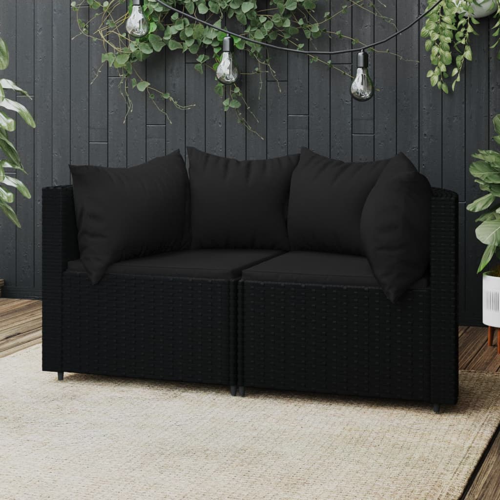 vidaXL Patio Corner Sofas with Cushions 2 pcs Black Poly Rattan