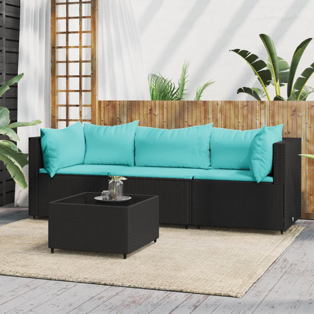 vidaXL 4 Piece Patio Lounge Set with Cushions Black Poly Rattan