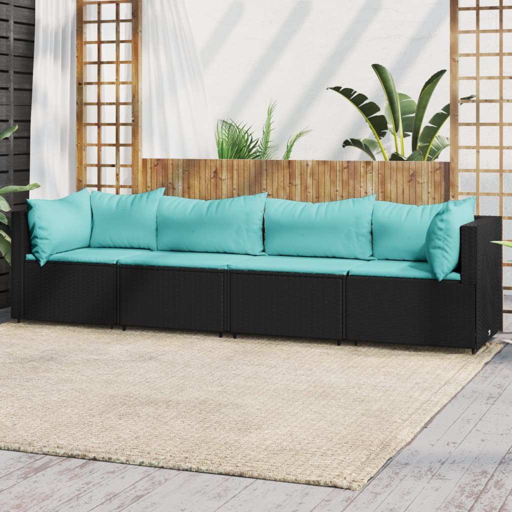 vidaXL 4 Piece Patio Lounge Set with Cushions Black Poly Rattan