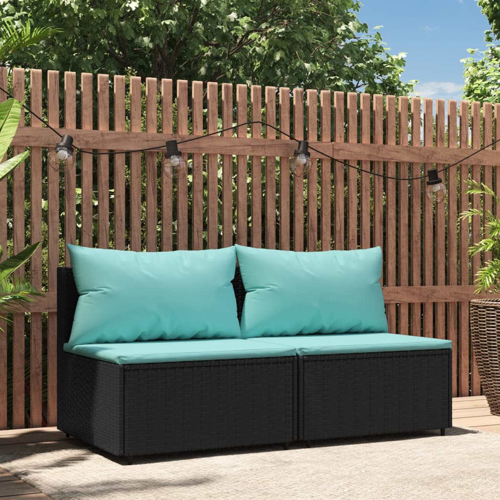 vidaXL Patio Middle Sofas with Cushions 2 pcs Black Poly Rattan