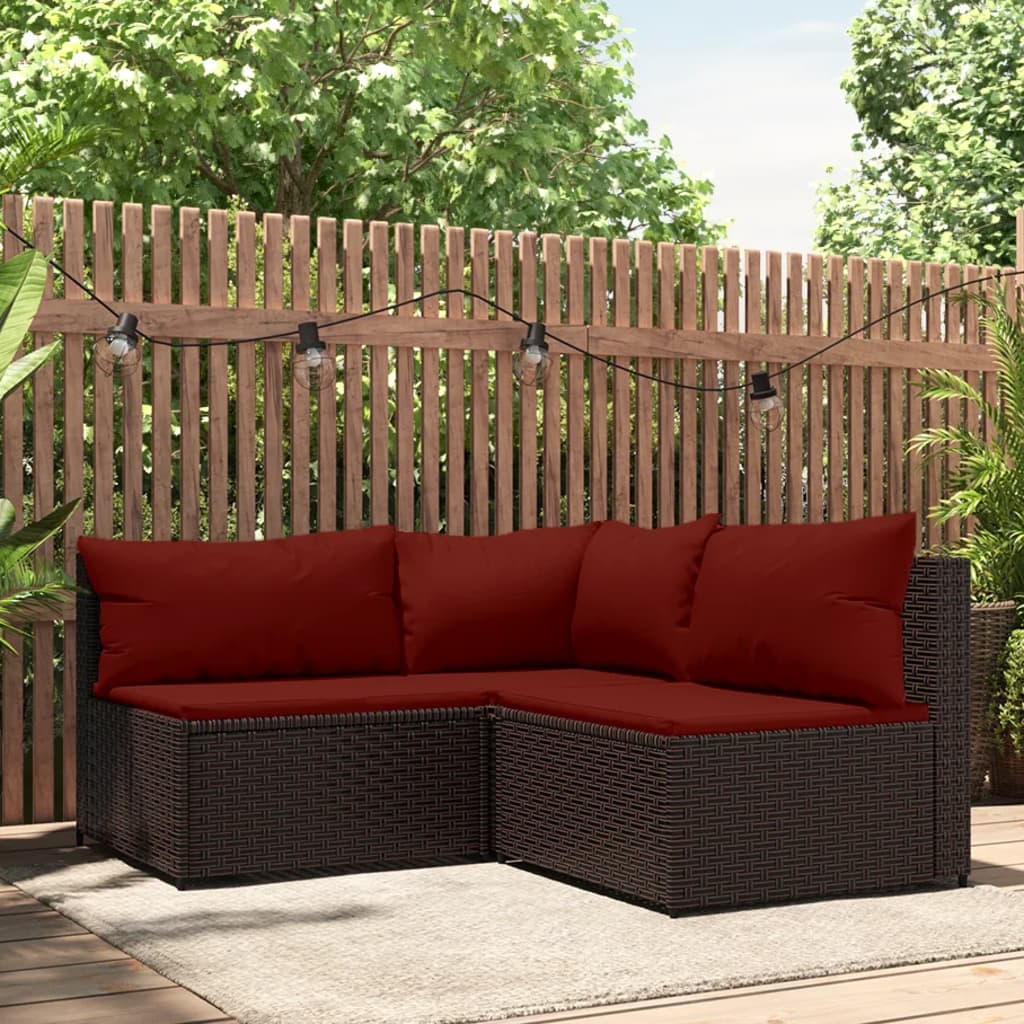 vidaXL 3 Piece Patio Lounge Set with Cushions Brown Poly Rattan