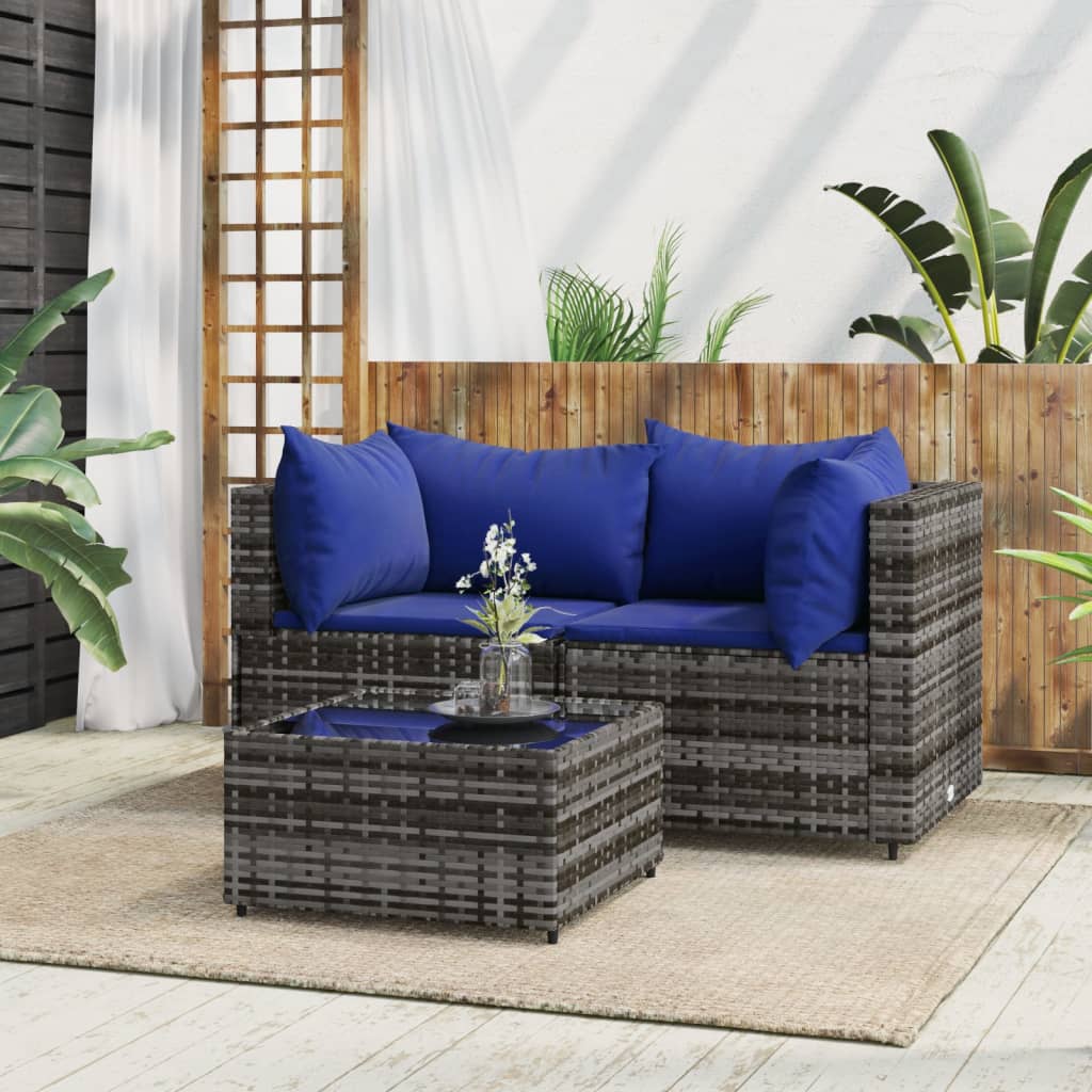 vidaXL 3 Piece Patio Lounge Set with Cushions Gray Poly Rattan