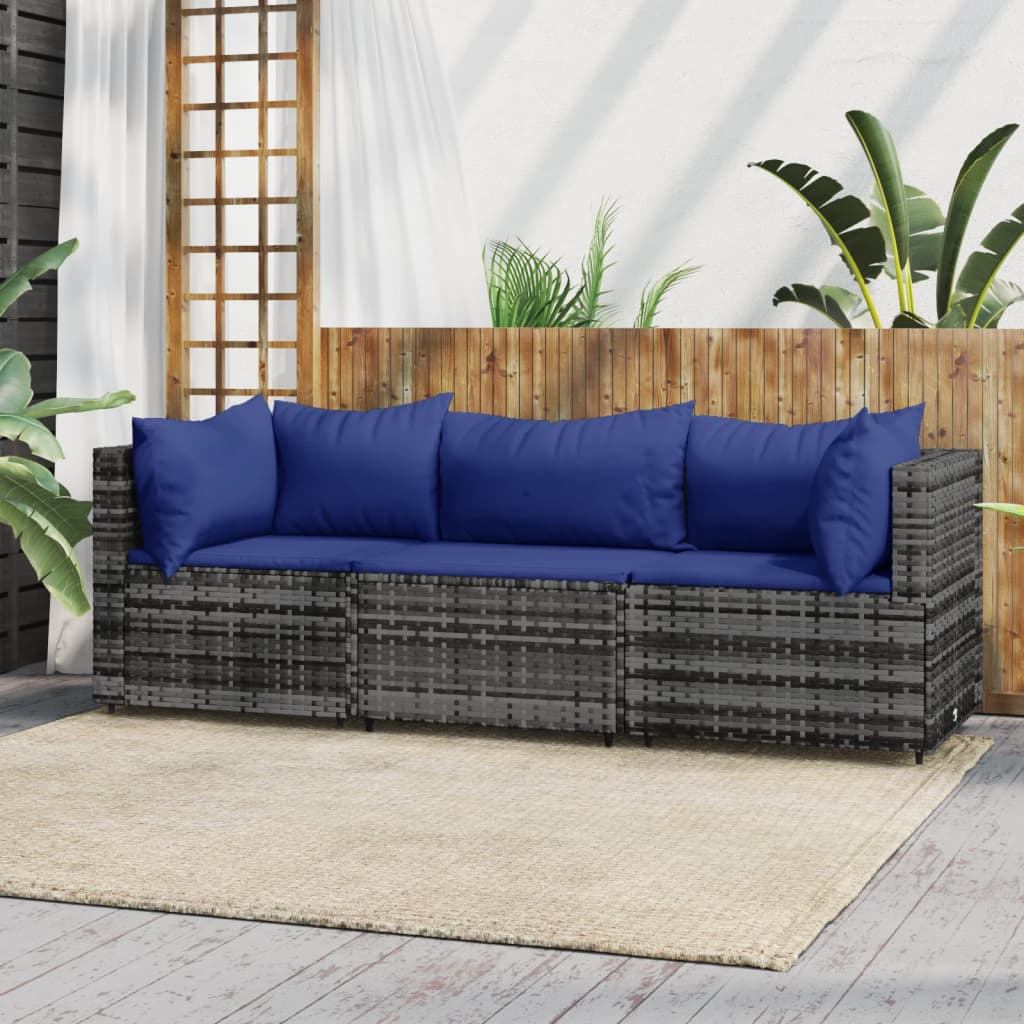 vidaXL 3 Piece Patio Lounge Set with Cushions Gray Poly Rattan