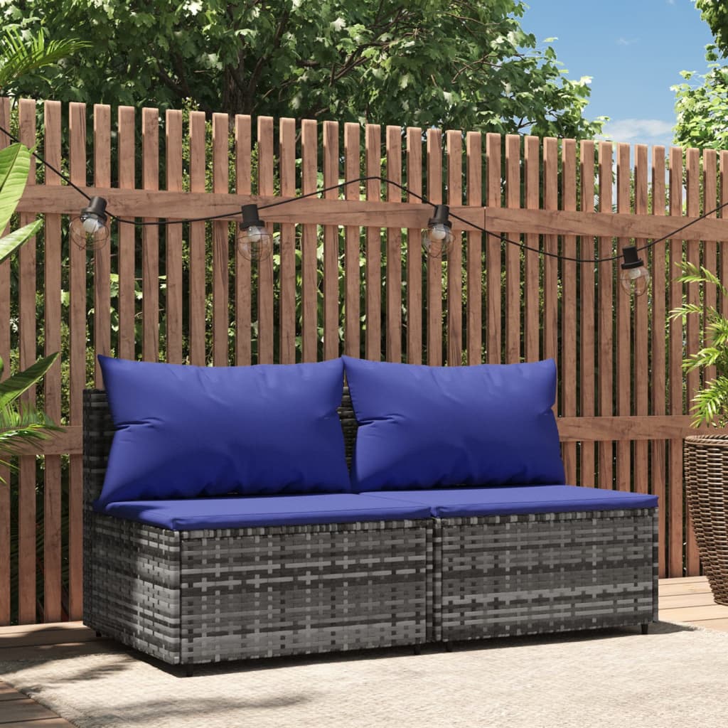 vidaXL Patio Middle Sofas with Cushions 2 pcs Gray Poly Rattan