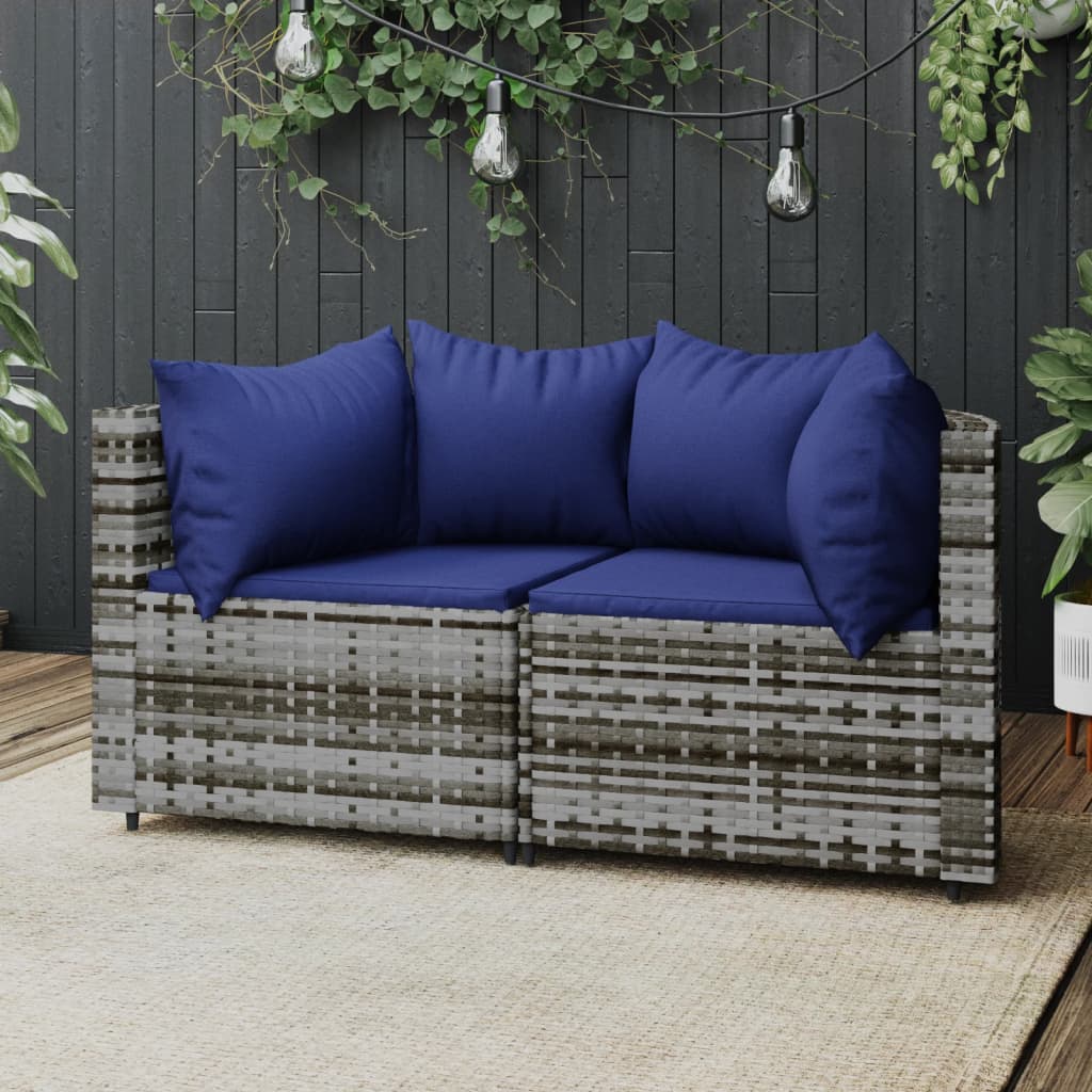 vidaXL Patio Corner Sofas with Cushions 2 pcs Gray Poly Rattan