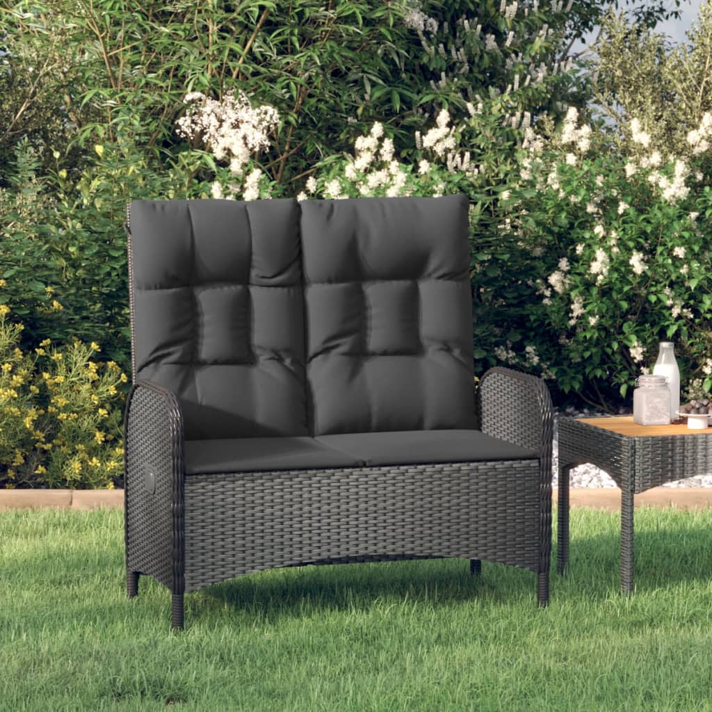 vidaXL Reclining Patio Bench with Cushions 42.1" Poly Rattan Black