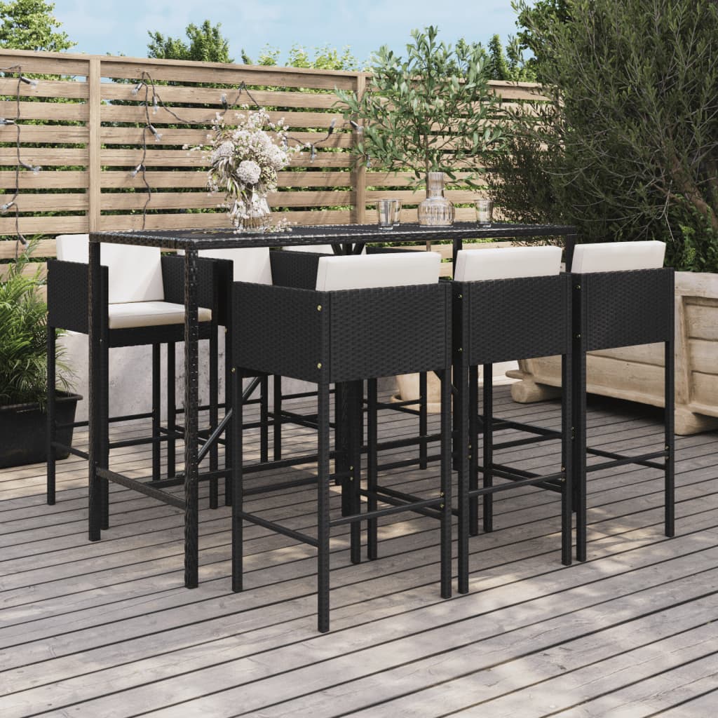 vidaXL 7 Piece Patio Bar Set with Cushions Black Poly Rattan