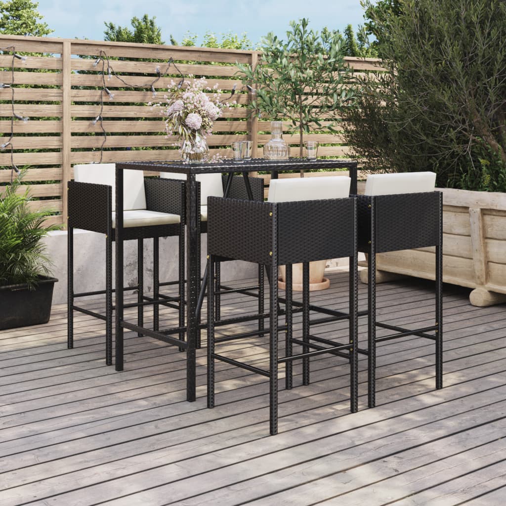 vidaXL 5 Piece Patio Bar Set with Cushions Black Poly Rattan