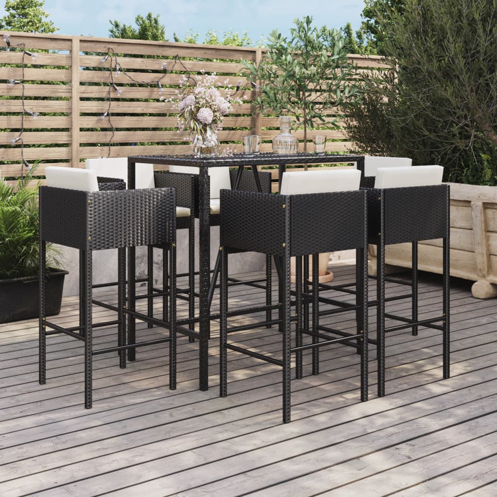 vidaXL 7 Piece Patio Bar Set with Cushions Black Poly Rattan