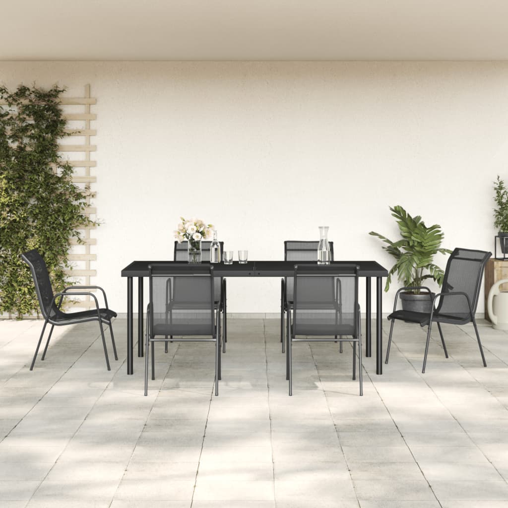 vidaXL 7 Piece Patio Dining Set Black Steel and Textilene