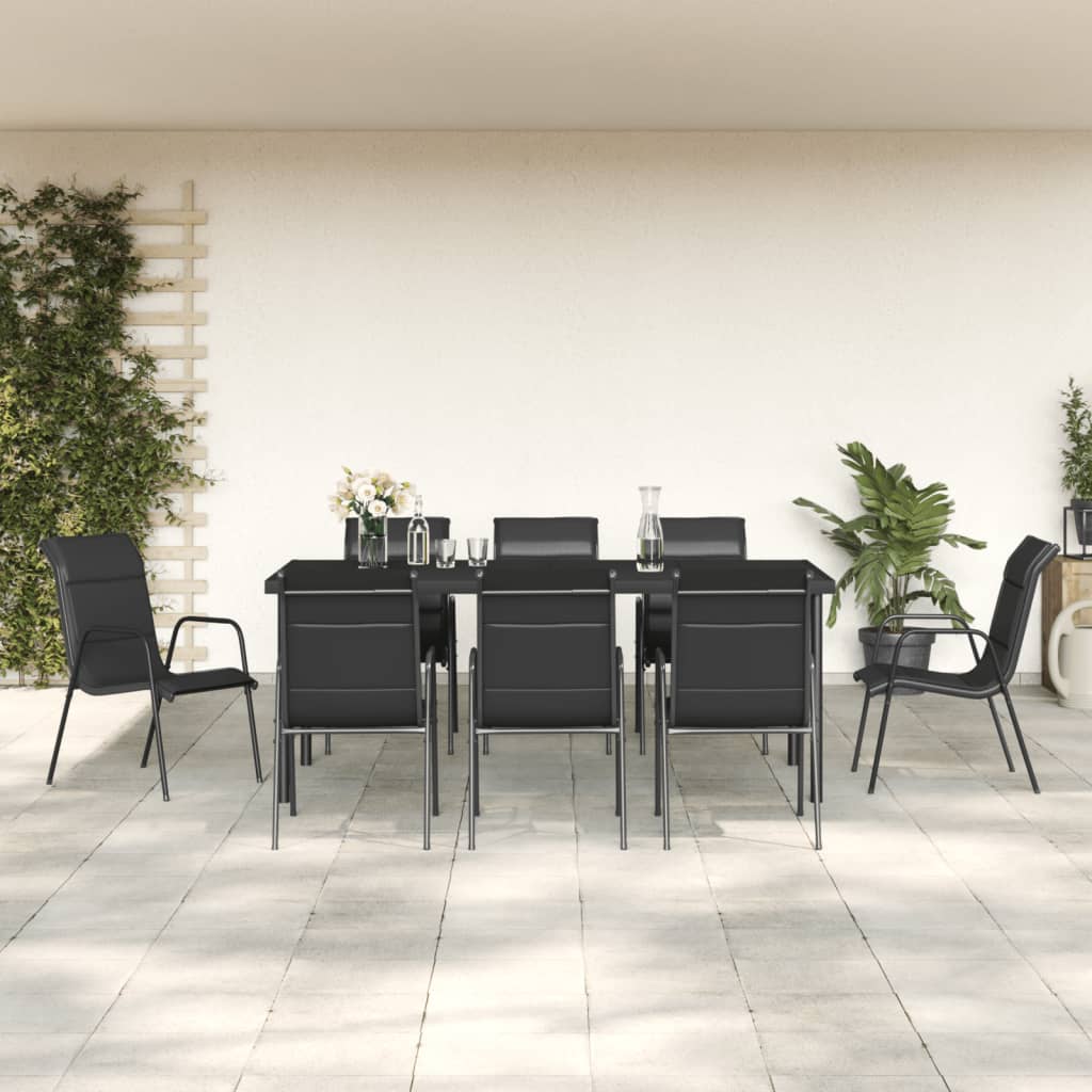 vidaXL 9 Piece Patio Dining Set Black Steel and Textilene