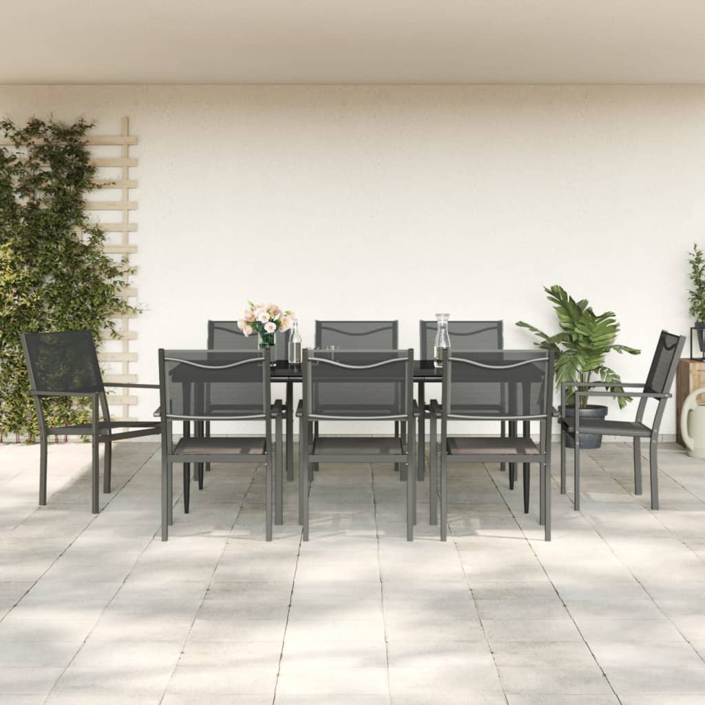 vidaXL 9 Piece Patio Dining Set Black Steel and Textilene