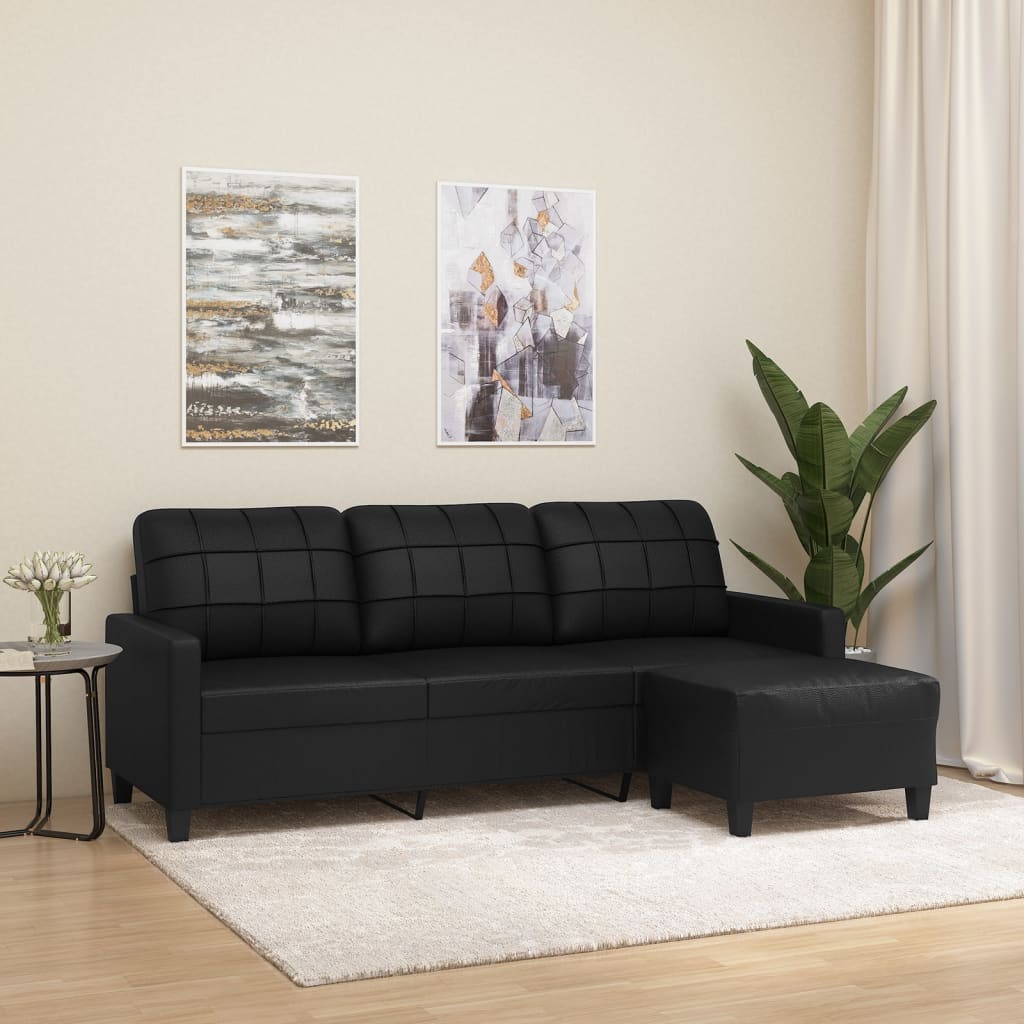 vidaXL 3-Seater Sofa with Footstool Black 70.9" Faux Leather