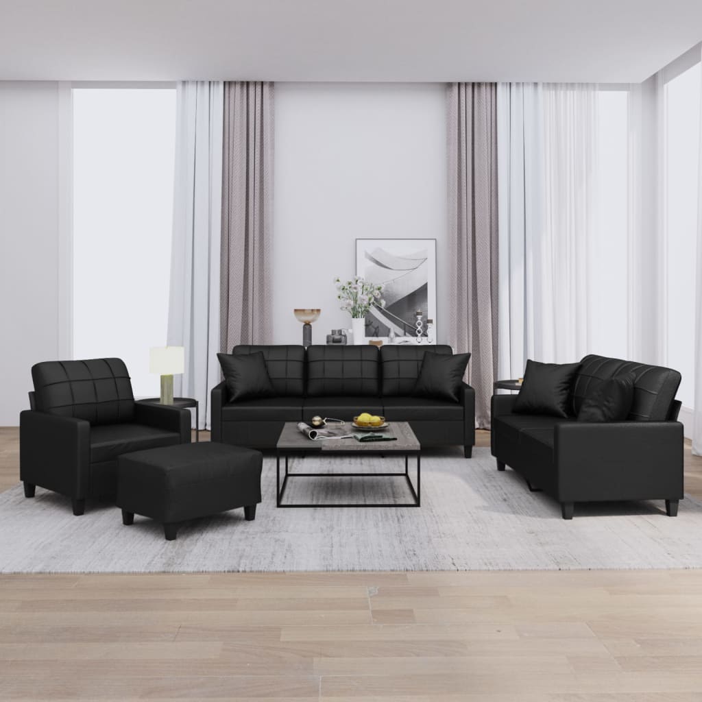 vidaXL 4 Piece Sofa Set with Pillows Black Faux Leather