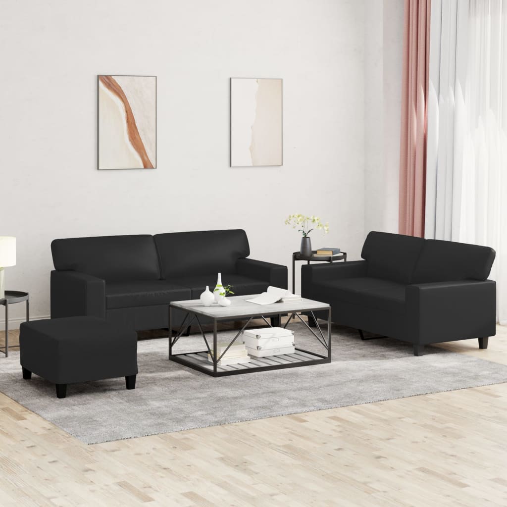 vidaXL 3 Piece Sofa Set Black Faux Leather