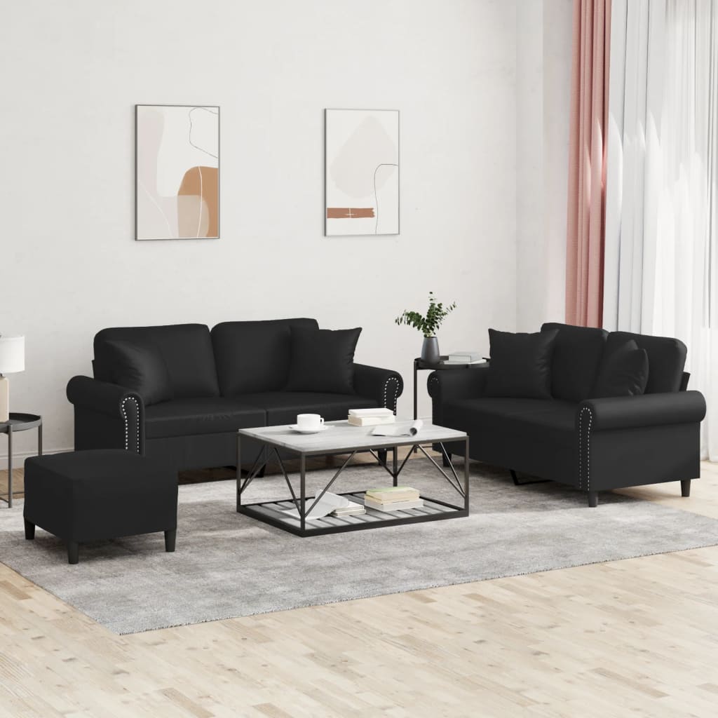 vidaXL 3 Piece Sofa Set with Pillows Black Faux Leather