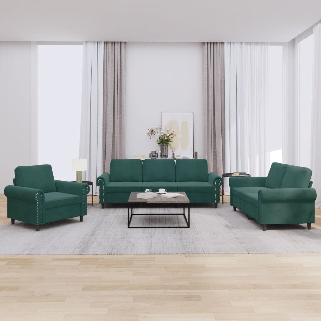 vidaXL 3 Piece Sofa Set with Cushions Dark Green Velvet
