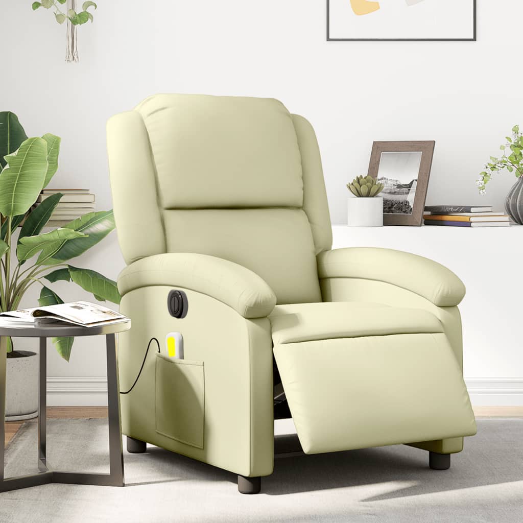 vidaXL Electric Massage Recliner Chair Cream Real Leather