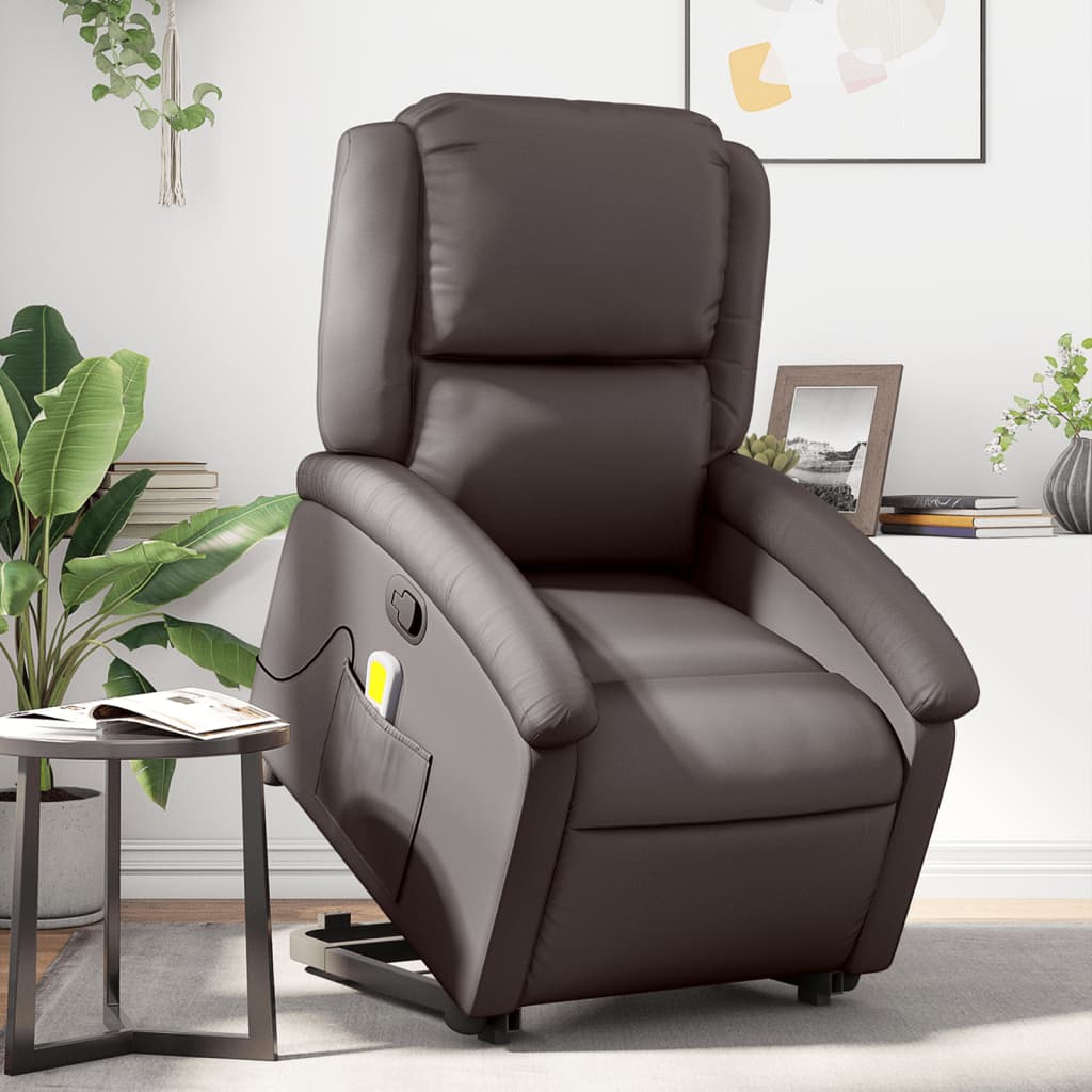 vidaXL Stand up Massage Recliner Chair Dark Brown Real Leather