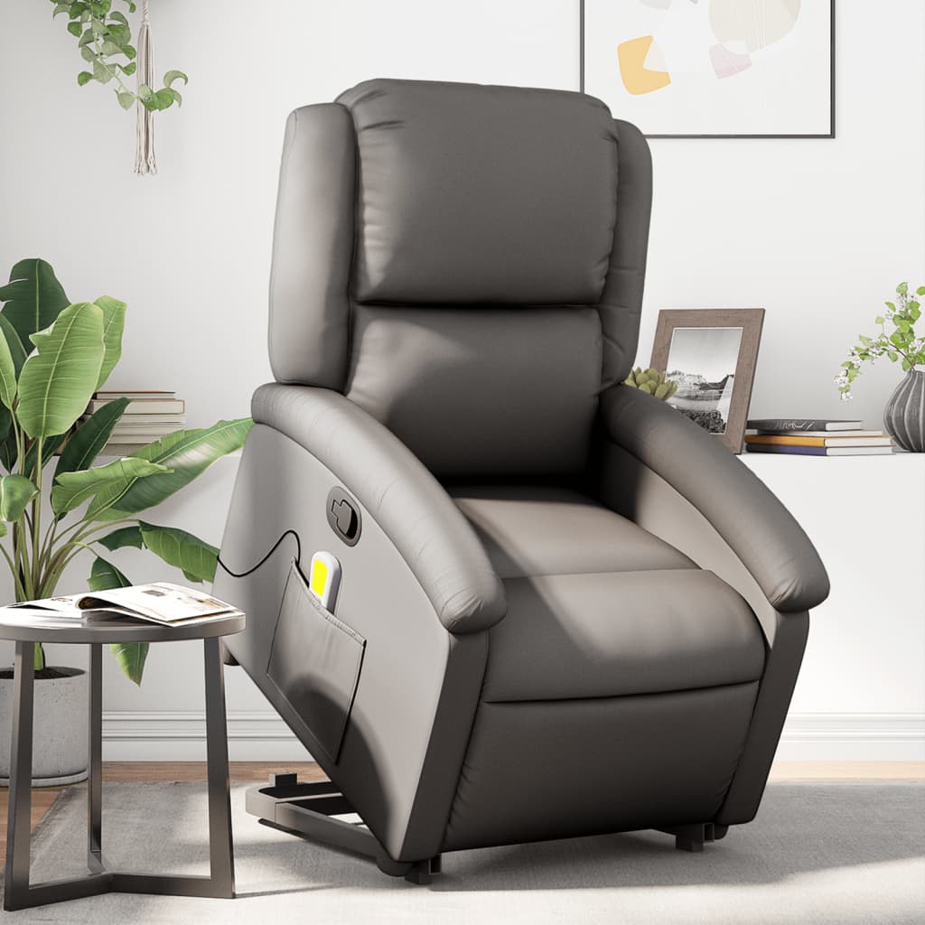 vidaXL Stand up Massage Recliner Chair Gray Real Leather