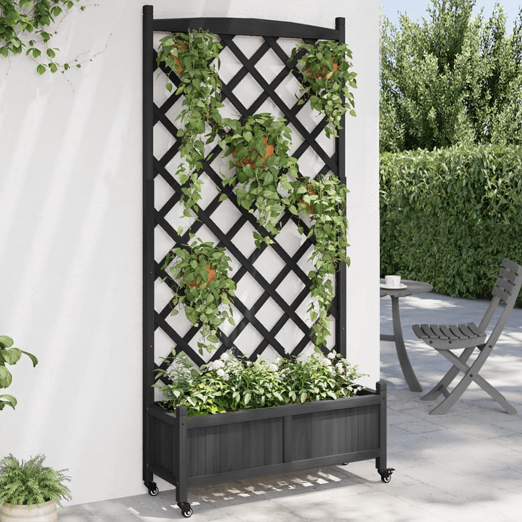 vidaXL Planter with Trellis and Wheels Black Solid Wood Fir