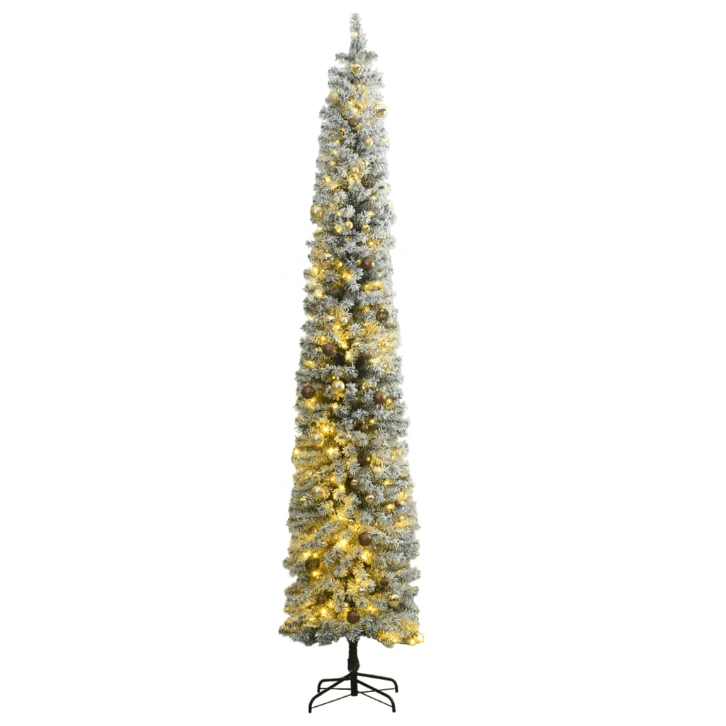 vidaXL Slim Christmas Tree 300 LEDs & Ball Set & Flocked Snow 106.3"