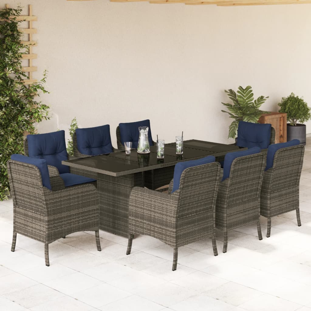 vidaXL 9 Piece Patio Dining Set with Cushions Gray Poly Rattan