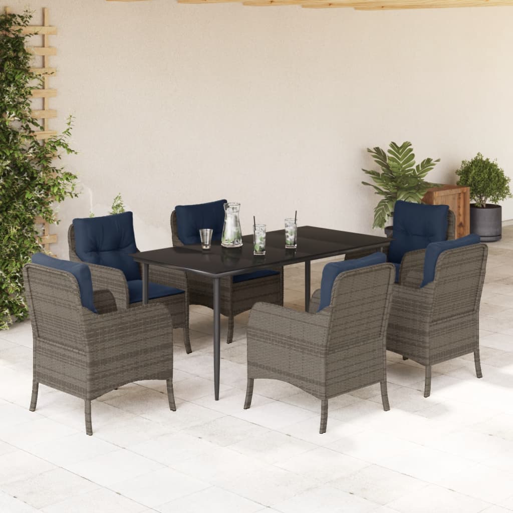 vidaXL 7 Piece Patio Dining Set with Cushions Gray Poly Rattan