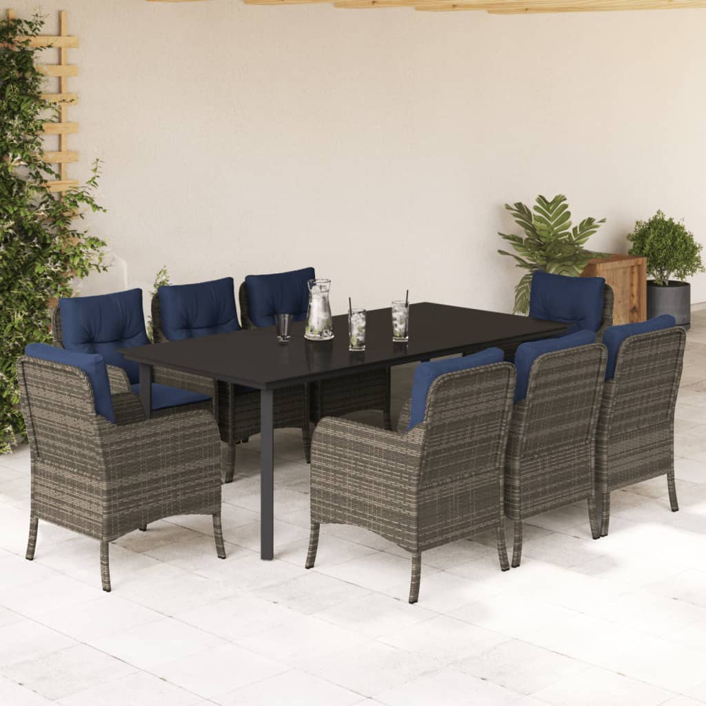 vidaXL 9 Piece Patio Dining Set with Cushions Gray Poly Rattan