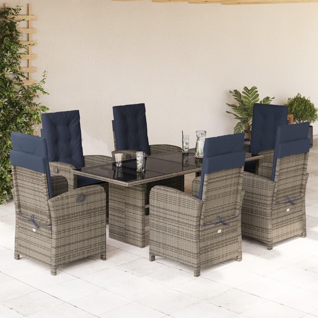 vidaXL 7 Piece Patio Dining Set with Cushions Gray Poly Rattan