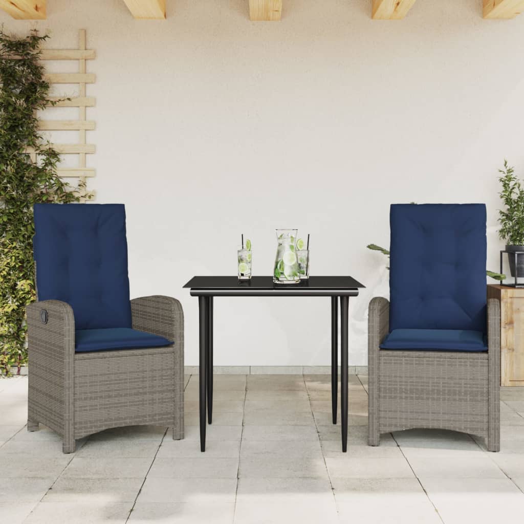 vidaXL 3 Piece Patio Dining Set with Cushions Gray Poly Rattan