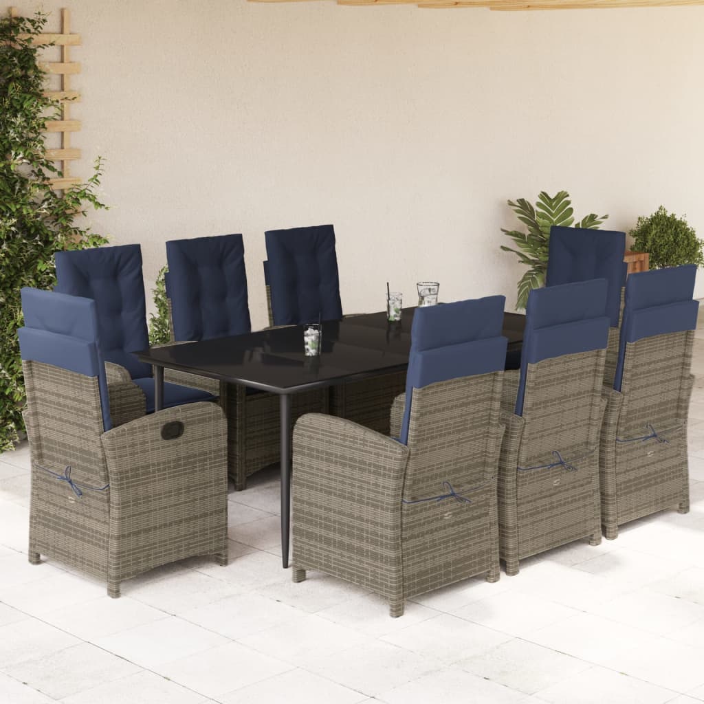 vidaXL 9 Piece Patio Dining Set with Cushions Gray Poly Rattan