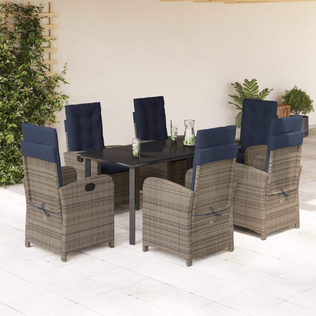 vidaXL 7 Piece Patio Dining Set with Cushions Gray Poly Rattan