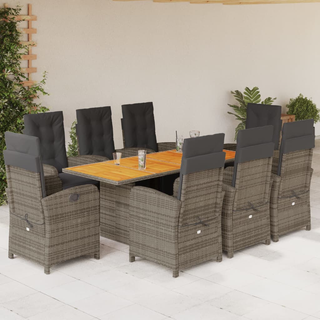 vidaXL 9 Piece Patio Dining Set with Cushions Gray Poly Rattan