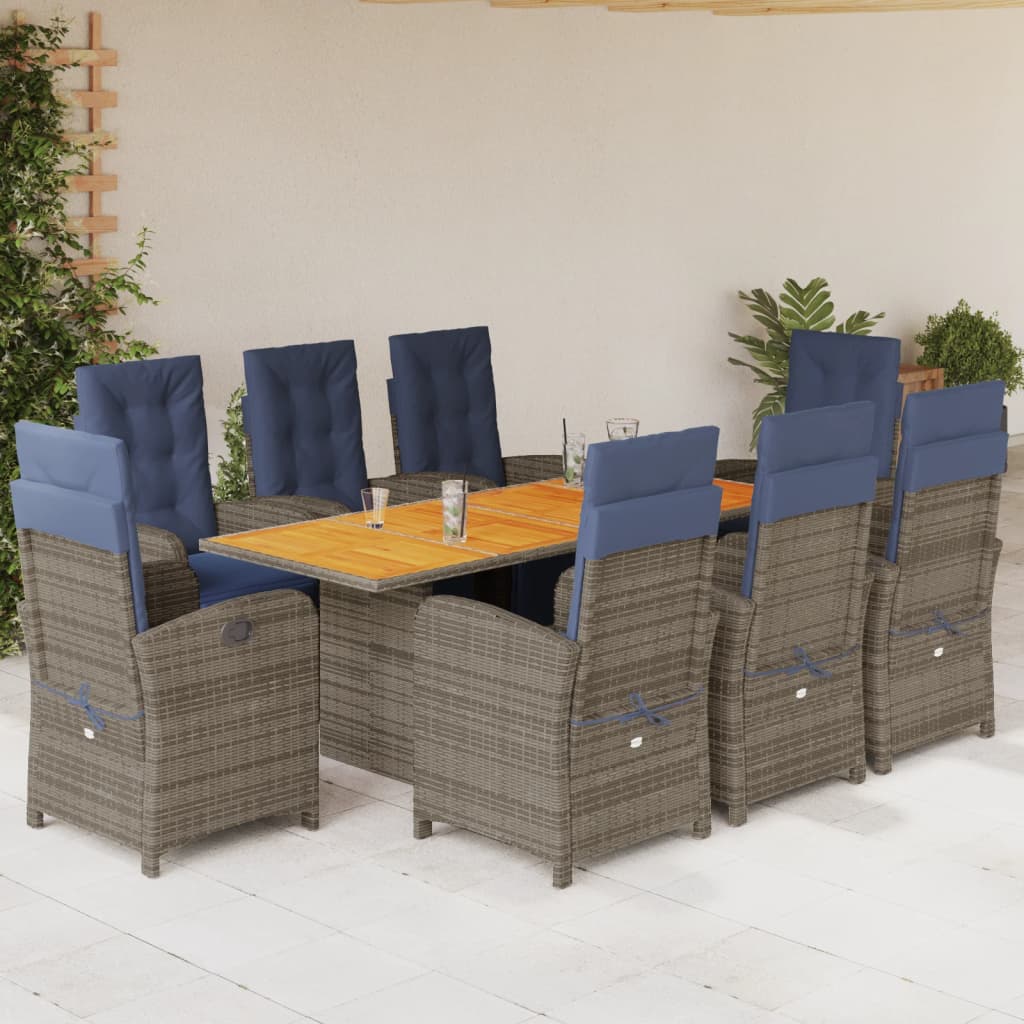 vidaXL 9 Piece Patio Dining Set with Cushions Gray Poly Rattan