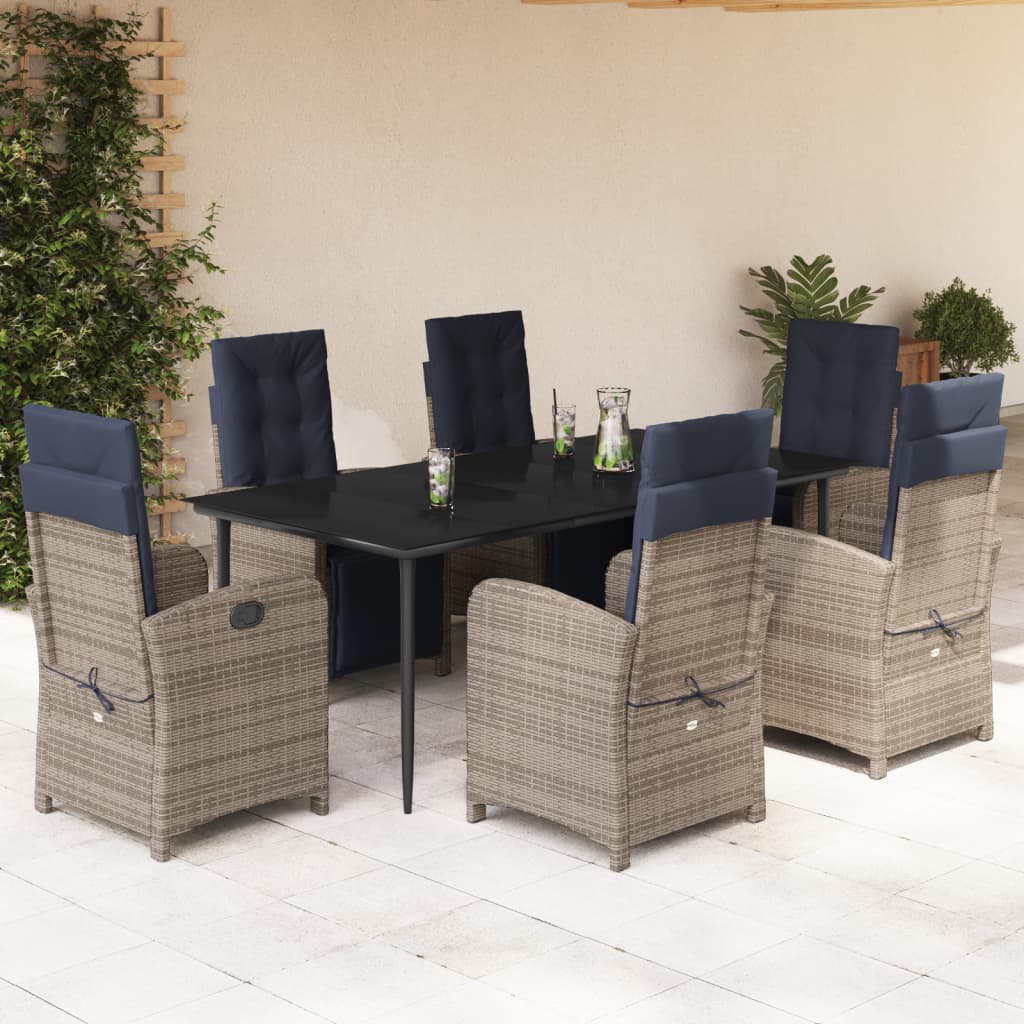 vidaXL 7 Piece Patio Dining Set with Cushions Gray Poly Rattan