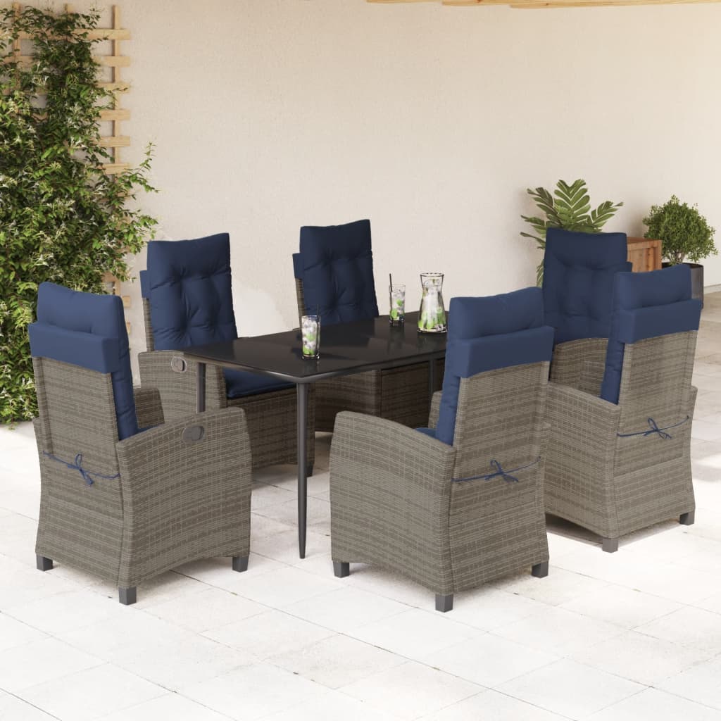 vidaXL 7 Piece Patio Dining Set with Cushions Gray Poly Rattan