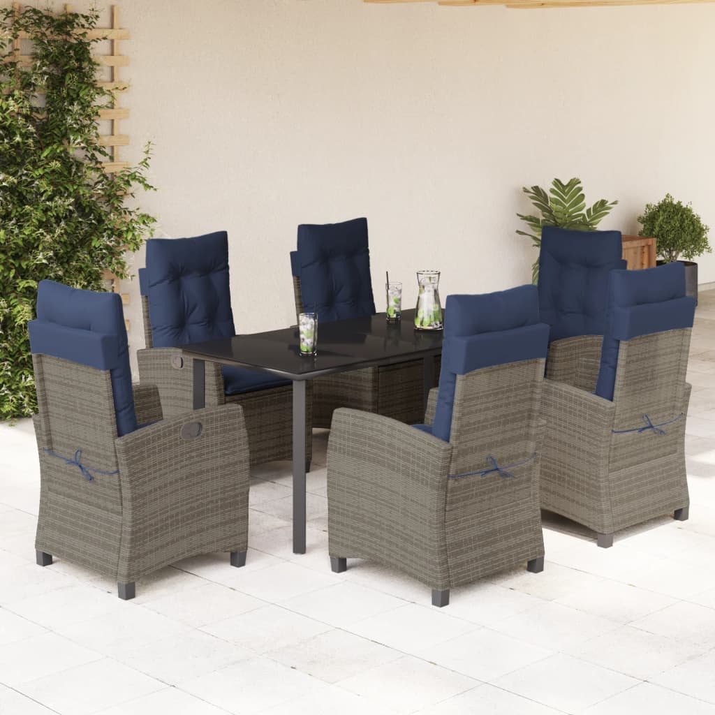 vidaXL 7 Piece Patio Dining Set with Cushions Gray Poly Rattan