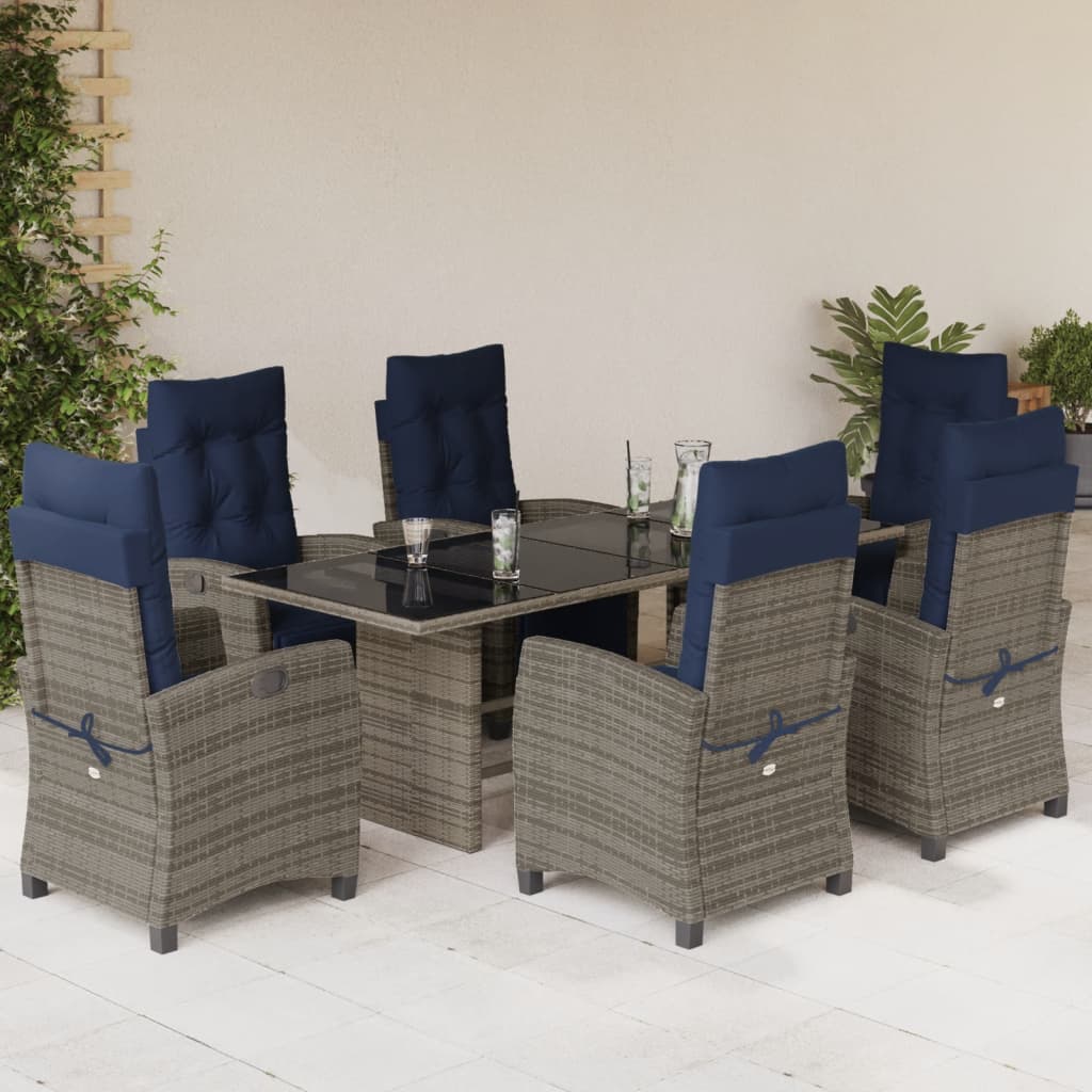 vidaXL 7 Piece Patio Dining Set with Cushions Gray Poly Rattan