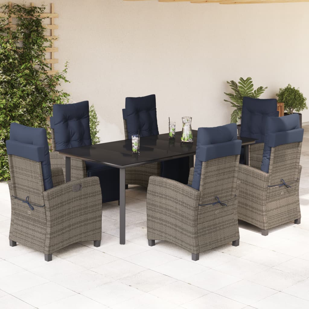 vidaXL 7 Piece Patio Dining Set with Cushions Gray Poly Rattan