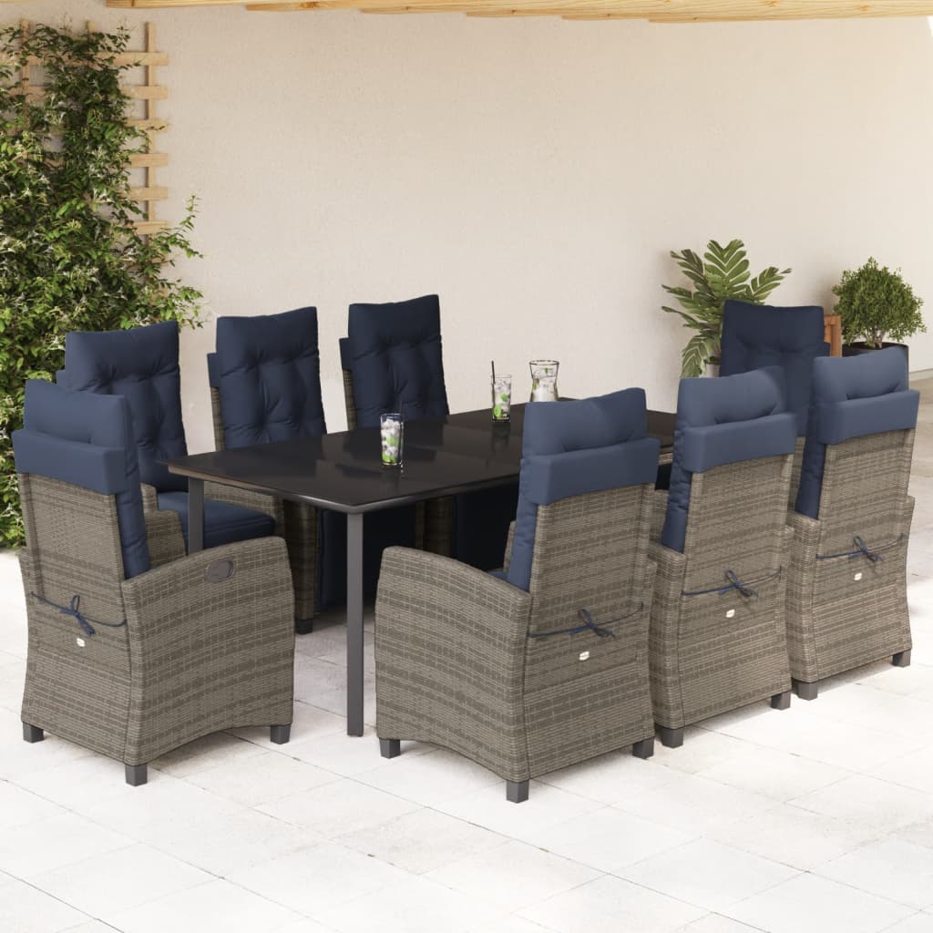 vidaXL 9 Piece Patio Dining Set with Cushions Gray Poly Rattan