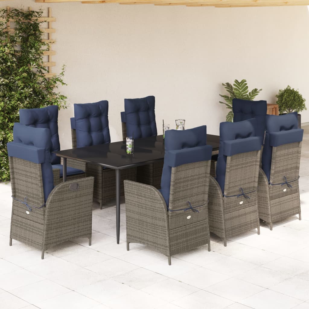 vidaXL 9 Piece Patio Dining Set with Cushions Gray Poly Rattan